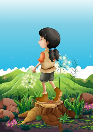 Illustration of a girl standing above a stump のイラスト素材