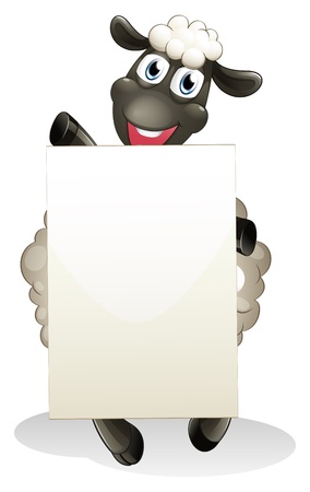 Illustration of a smiling sheep holding an empty cardboard on white background のイラスト素材
