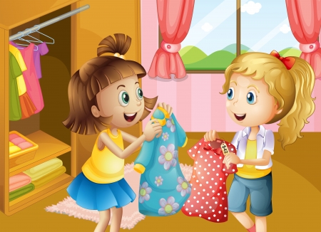 Illustration of the two girls holding their new dressesのイラスト素材