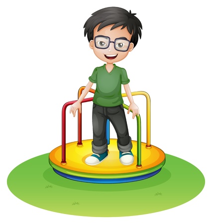 Illustration of a happy boy above a colorful round ride at the carnival on a white background のイラスト素材