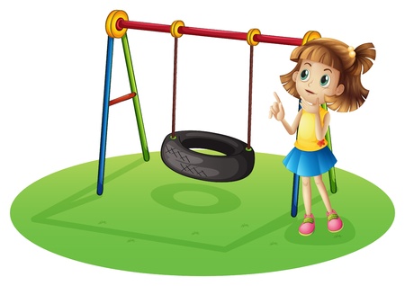 Illustration of a girl thinking beside a swing on a white background のイラスト素材