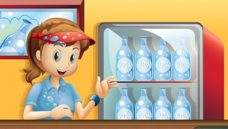 Illustration of a girl near a fridge with bottles of sodaのイラスト素材