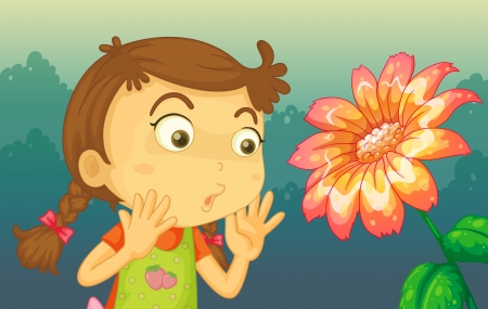 Illustration of a girl shocked by a giant flowerのイラスト素材