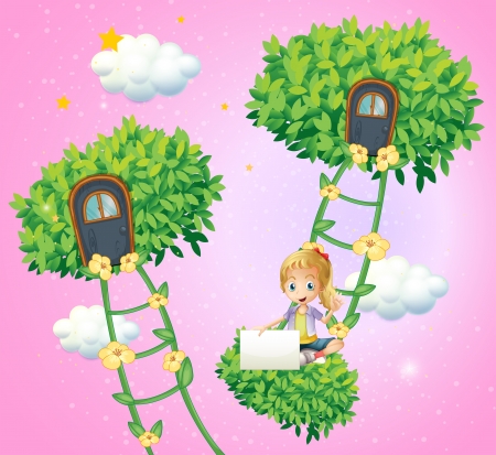 Illustration of a girl holding an empty signboard near the ladder plantsのイラスト素材