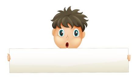 Illustration of a fat boy holding an empty white cardboard on a white background のイラスト素材