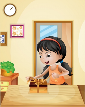 Illustration of a girl with a gift at the tableのイラスト素材