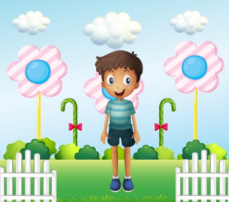 Illustration of a boy in the garden with flower lollipopsのイラスト素材