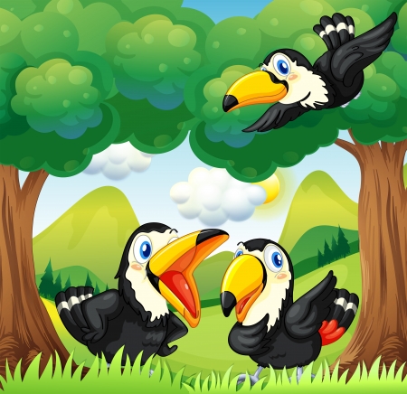 Illustration of the three black birds at the forest のイラスト素材