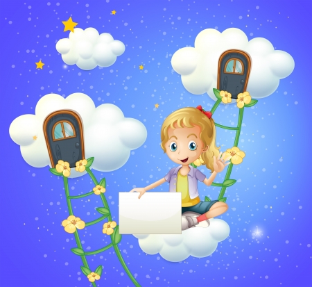 Illustration of a girl sitting on a cloud holding an empty signageのイラスト素材