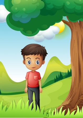 Illustration of a boy under the shade of a big treeのイラスト素材