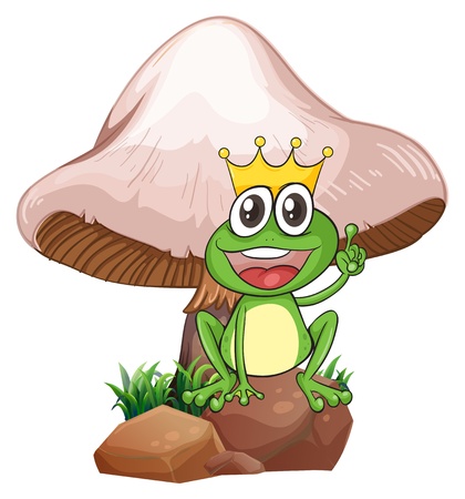 Illustration of a king frog near the giant mushroom on a white backgroundのイラスト素材