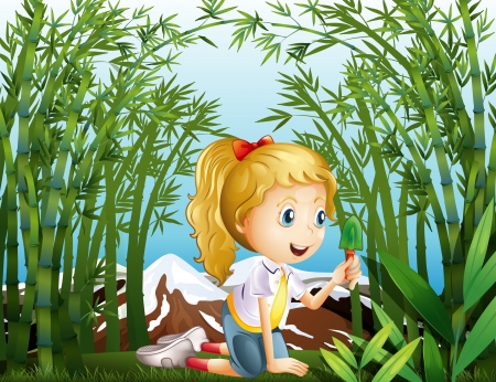 Illustration of a girl with a green shovel kneeling in the rainforestのイラスト素材