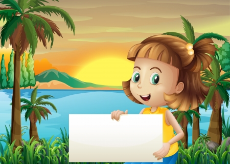Illustration of a little girl holding an empty signageのイラスト素材