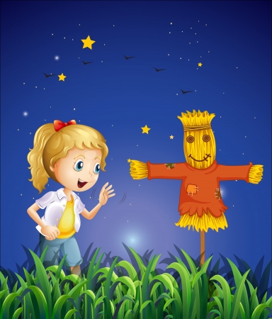 Illustration of a young girl beside the scarecrowのイラスト素材