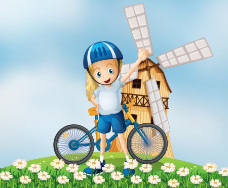 Illustration of a female biker standing at the hilltop with a windmillのイラスト素材