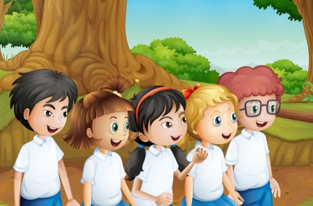 Illustration of a group of students at the forestのイラスト素材