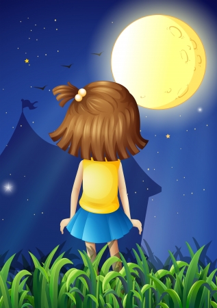 Illustration of a little girl facing the bright fullmoonのイラスト素材