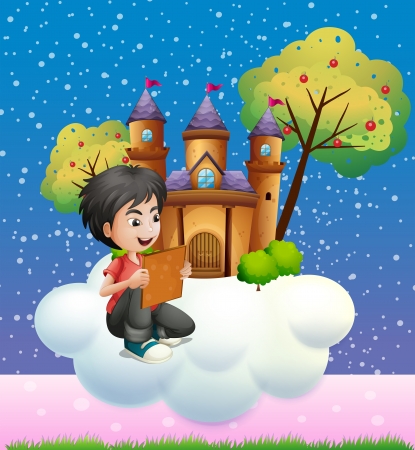 Illustration of a boy reading a book in front of the floating castleのイラスト素材