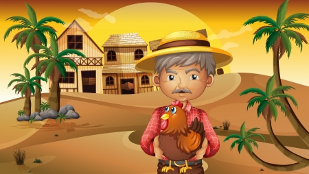 Illustration of an old man and his rooster at the desertのイラスト素材