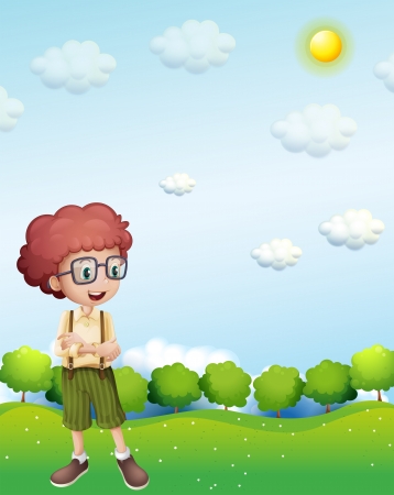 Illustration of a boy standing under the scorching heat of the sunのイラスト素材