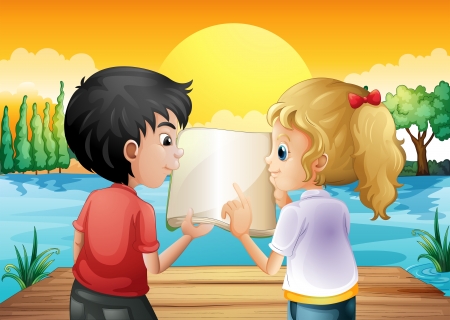 Illustration of the two teenagers reading an empty book at the wooden diving boardのイラスト素材