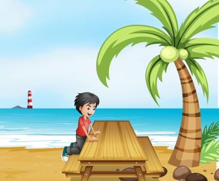 Illustration of a boy at the beach with a wooden table near the coconut treeのイラスト素材
