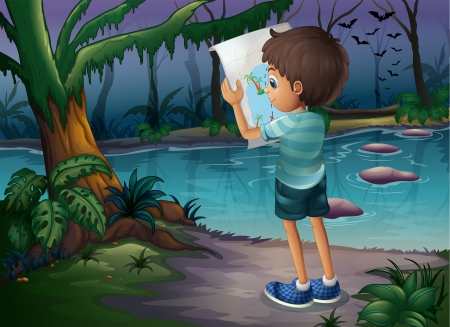 Illustration of a boy with a map standing in the middle of the forestのイラスト素材