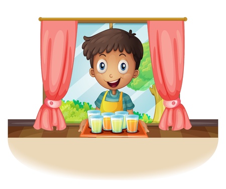 Illustration of a boy holding a tray of juice on a white backgroundのイラスト素材