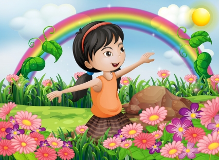 Illustration of a happy girl at the garden with fresh blooming flowersのイラスト素材