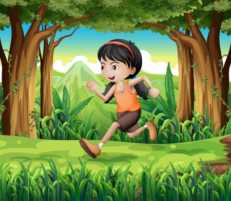 Illustration of a forest with a young girl runningのイラスト素材