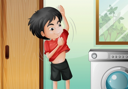 Illustration of a young boy changing his shirtのイラスト素材