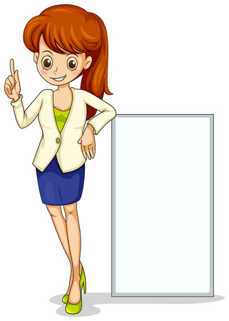 Illustration of a young business icon standing beside an empty signage on a white backgroundのイラスト素材