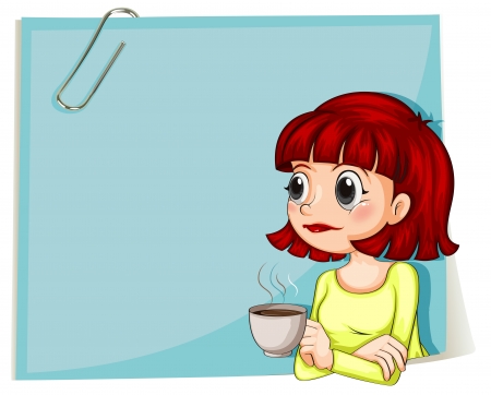 Illustration of a woman with a cup of coffee with an empty paper at the back on a white backgroundのイラスト素材