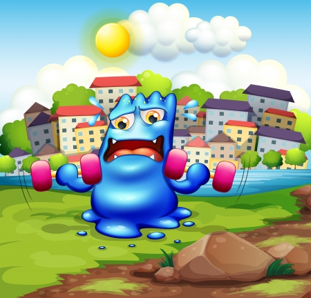 Illustration of a tired monster exercising in the cityのイラスト素材