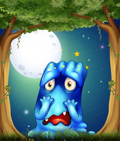 Illustration of a forest with a sad blue monsterのイラスト素材