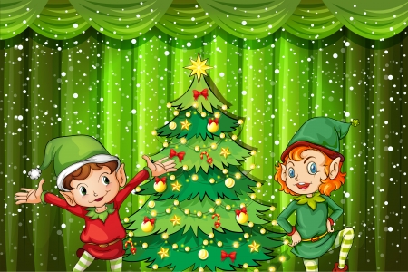 Illustration of the two elves near the christmas tree on a white backgroundのイラスト素材