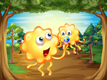 Illustration of a forest with two monstersのイラスト素材