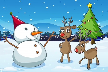 Illustration of a snowman and the reindeers near the christmas treeのイラスト素材
