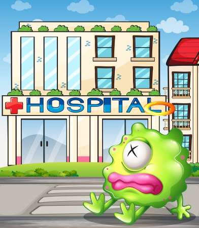 Illustration of a sick monster in front of the hospitalのイラスト素材