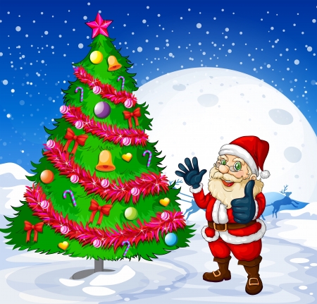 Illustration of a smiling santa beside the giant christmas treeのイラスト素材