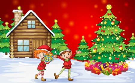 Illustration of the two playful dwarves near the christmas treesのイラスト素材