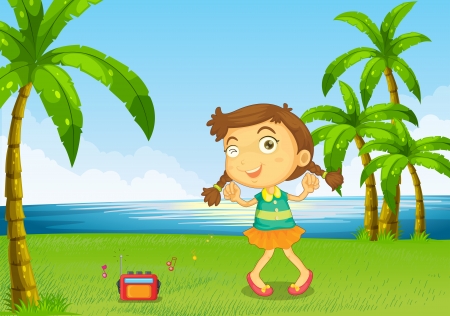 Illustration of a cute little girl dancing near the riverのイラスト素材