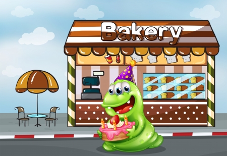 Illustration of a monster with a cake near the bakeryのイラスト素材