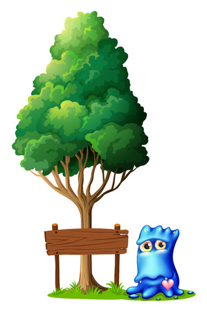 Illustration of a monster beside the empty signboard under the tree on a white backgroundのイラスト素材