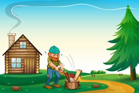 Illustration of a lumberjack chopping the woods at the hilltop near the wooden houseのイラスト素材