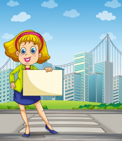 Illustration of a woman at the pedestrian lane holding an empty signageのイラスト素材