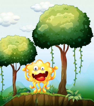 Illustration of a smiling monster at the forest near the cliffのイラスト素材