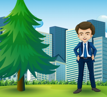 Illustration of a happy businessman standing near the pine treeのイラスト素材