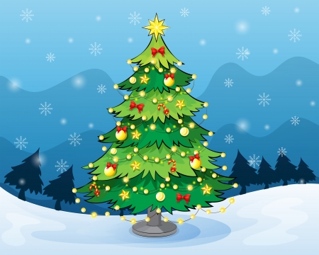 Illustration of a christmas tree in the middle of the snowy landのイラスト素材