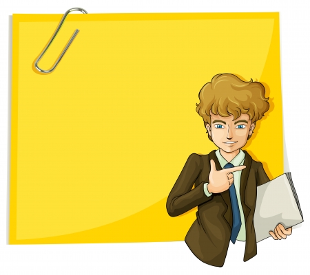 Illustration of a boy in front of the big empty paper with a clip on a white backgroundのイラスト素材